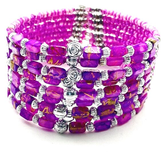 Beaded Cuff Bracelet Silver Tone Pink Purple Memory Wire Boho Festival Party - Picture 2 of 6